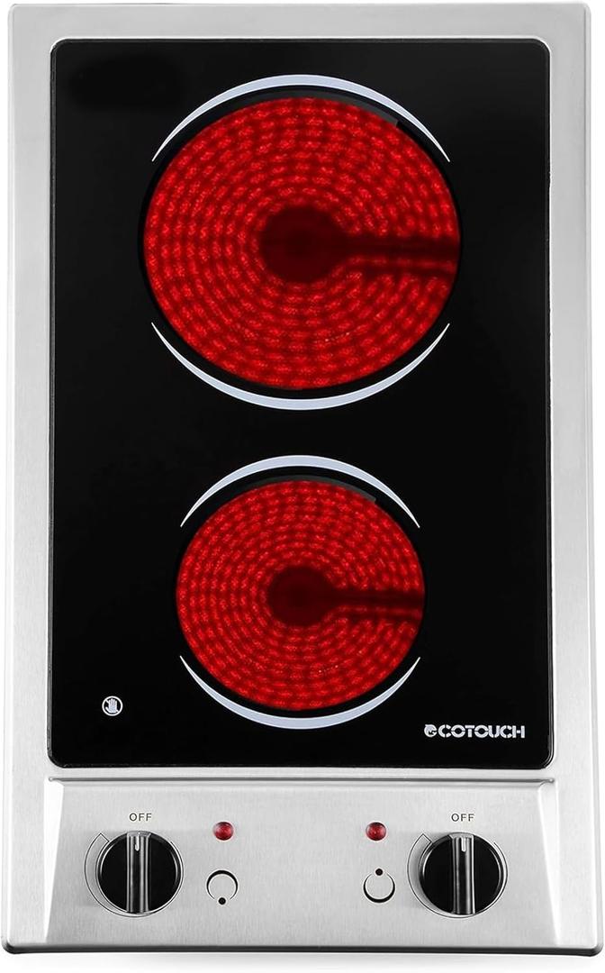 ECOTOUCH 2 Burner Electric Cooktop, 12 Inch Electric Stove Top 110V-120V Built-In Radiant Ceramic Glass Stovetop Hard Wire No Plug