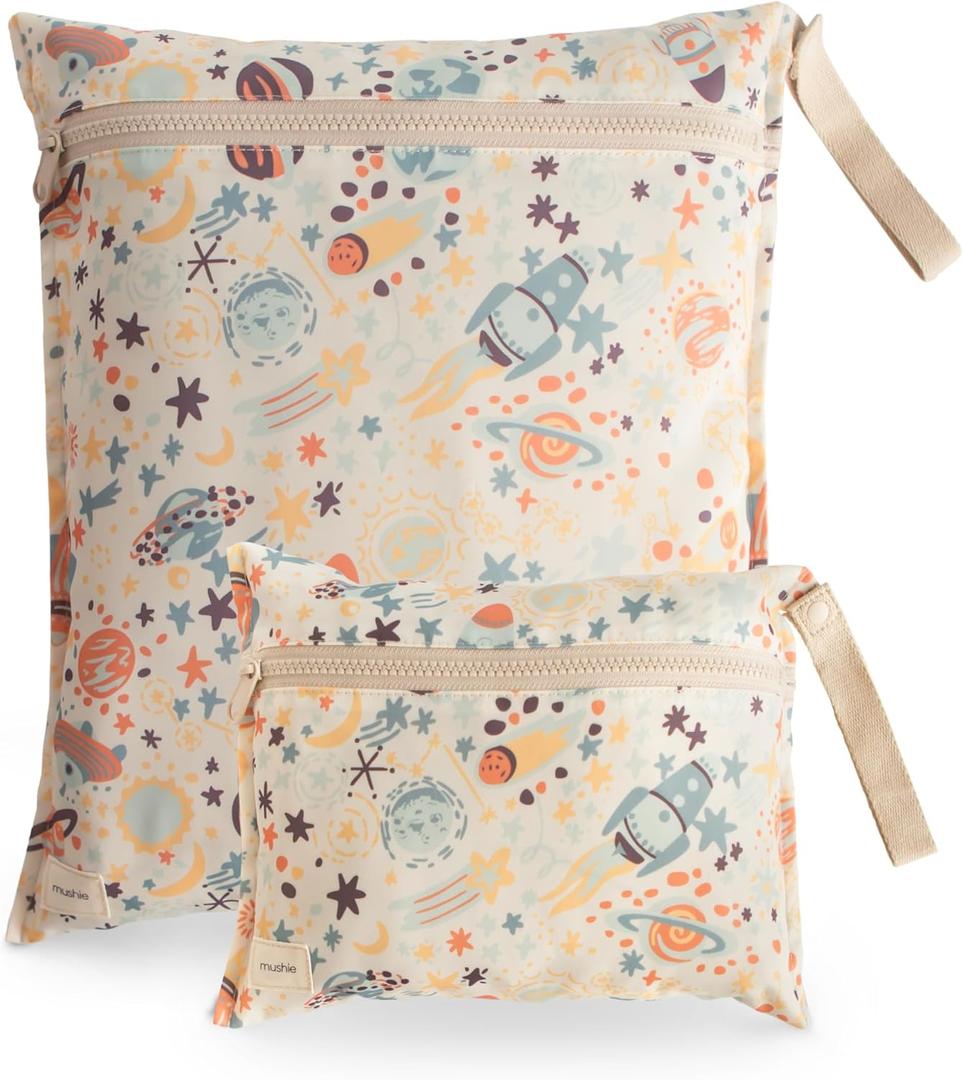 mushie Water Resistant Wet Bags | Large & Small Reusable Storage Bag for Baby Items and Travel | Zippered Pockets with Handle | Machine Washable, Set of 2 (Space)