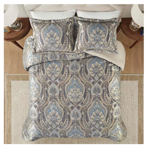 Croscill Queen Comforter Set, Luxe Chenille Jacquard Damask, Soft Microfiber Twill Comforter for a Queen-Size Bed, Oversized Comforter Queen Bedding, 2 Shams & Bedskirt, Julius, Blue/Grey 4 Piece