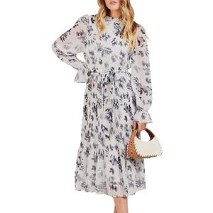 ANRABESS Women's Floral Midi Dress Puff Long Sleeve Casual Ruffle Chiffon A-Line Swing Pleated Belted Tea Party Dresses