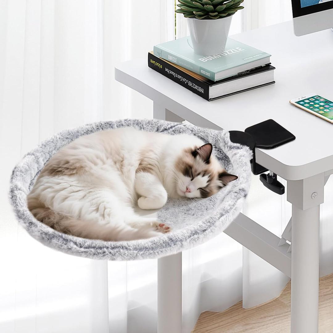 Uross Cat Desk Bed - 180 Rotating Soft & Comfortable Rabbit Fur Bed, Modern Indoor Cat Nest Furniture for Office Desks and Game Tables, Island Table-Supports 50 lbs-(Lightgrey)