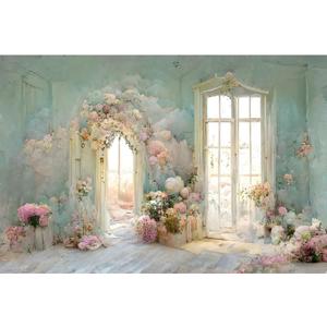 YongFoto European Style Oil Painting Backdrop 7x5ft Flowers Arched Door French Window Photography Background Birthday Bridal Shower Wedding Party Banner Home Decor Photoshoot Photo Studio Props