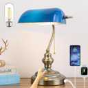 Tingruiz Rustic Banker's Desk Lamp Stepless Dimmable, Traditional Bankers Desk Lamp with USB Port and Outlet, Vintage Farmhouse Table Lamp for Home Office Library