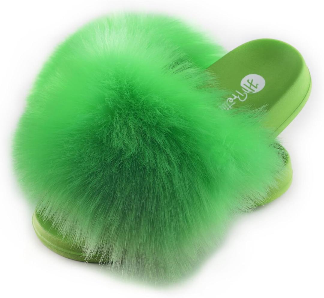 Women's Faux Fur Slides, Open Toe Cute Fur Slippers, Indoor or Outdoor Comfortable Furry Slide Sandals With Fluffy Fur (8-8.5, Green)
