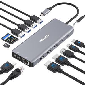 Laptop Docking Station Dual Monitor, 14 in 1 USB C Hub Multiport Adapter Dongle with 2 HDMI, DisplayPort, Ethernet, SD/TF, USB C/A Ports, PD, Mic/Audio, Compatible for MacBook Dell HP Lenovo (Grey)