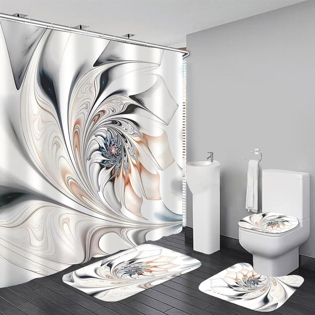 DDQQ 4Pcs Abstract Line Pattern Shower Curtain Sets, Bathroom Sets with Shower Curtain, Toilet Lid Rug, Bath Mat and Contour Mat, Shower Curtain with 12 Hooks for Bathroom Set Decor 72 x 72 Inch