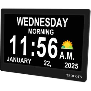 TROCOTN Dementia Clocks, Large Display Calendar Alarm Clock with Auto DST for Seniors, 5 Display Modes Large Font Digital Clock with Custom Alarms Day Date Clocks. (10 Inch Black)