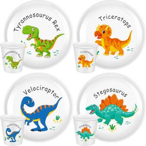 4 Sets Dinosaur Fun Kids Plates with Cups Plates Dinnerware Set for Toddlers Creatively Drop Resistant Cute Plastic Dishes Dishwasher Safe