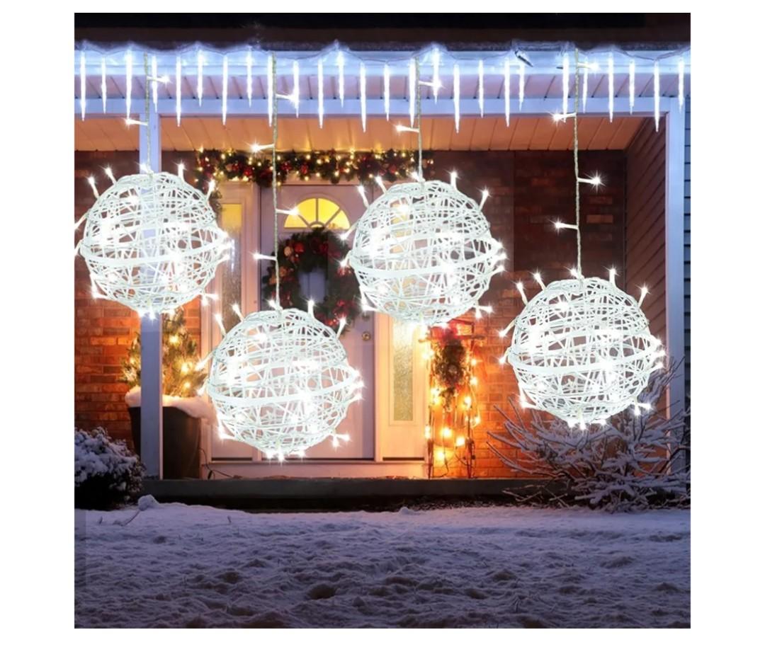 Outdoor Christmas Ball Lights 4 Pack Hanging 15.7" LED Garden Sphere Tree Lights 8 Modes Waterproof Glow Globe Light with Memory Timer Plug for Yard Porch Eave Patio Home Bedroom Decoration-Cool White