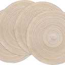 4 x Floroom 15 Inch Round Braided Placemats Set of 4, Washable Heat Resistant Cotton Polyester Circle Place Mats for Kitchen Dining Table - Canvas Beige