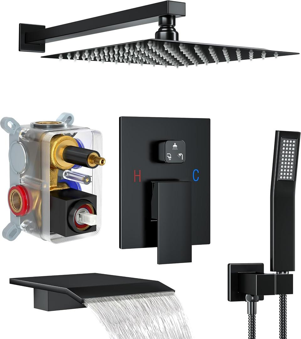 Shower System with Tub Spout, 10-Inch High-Pressure Rain Showerhead and Handheld Combo, Matte Black Shower Faucet Set with Rough-in Valve and Trim, Wall Mounted 3-Way Shower Set