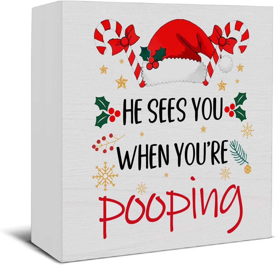 Candy Cane Santa Winter Christmas Wooden Bathroom Christmas Decorations, He Sees You When You're Pooping Funny Xmas Wood Signs for Bathroom Washroom Restroom Home Decor, 5x5 Inch
