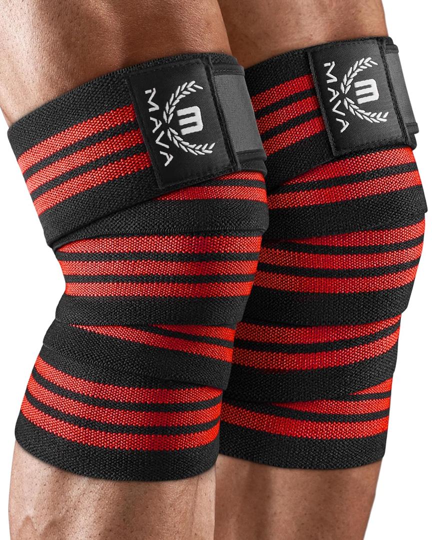 Mava Sports Knee Wraps (Pair) for Men & Women | Ideal for Cross Training, WODs, Gym Workouts, Weightlifting, Fitness & Powerlifting | Knee Straps for Squats | 72" Compression & Elastic Support (Red)