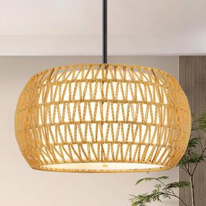 19 Inch Farmhouse Rattan Chandelier, 5-Light Adjustable Height Pendant Light with Fabric Shade, Hand Woven Boho Chandeliers for Dining Room, Kitchen Island, Living Room, Entryway, Foyer, ETL