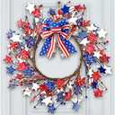 Enhon 24 Inch 4th of July Wreath, Large Patriotic Wreath for Front Door, Red White Blue Wooden Star with Bow Patriotic Decorations for Memorial Day American Independence Day