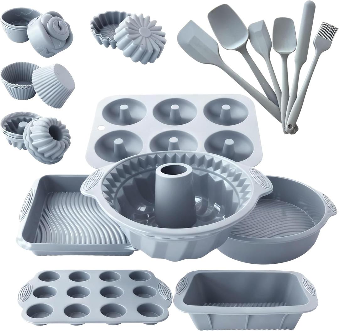 28 PCS Nonstick Silicone Baking Pans Set,With Baking Pan Cake Molds,Fluted Pans,Donut Pan,Muffin Pan,Nonstick Cake Pan Reusable Tube Oven Baking Mold for Muffin, Cake, Bread(Light Grey)
