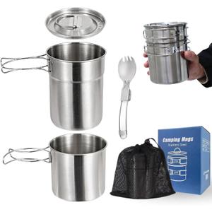 BeGrit Camping Cups Mugs Stainless Steel Camping Pot Food Grade Metal Camping Cookware with Folding Spoon, Vented Lids (5pcs)