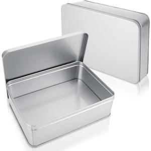 2Pcs Metal Tin Box, 8.6x 6.3x 2.5Rectangular Empty Tin Box Containers with Lids, Large Tinplate Containers for Home Organizer, Gifts, Cookies, Pencil Case, Car Keys, Craft Storage, Silver Tone