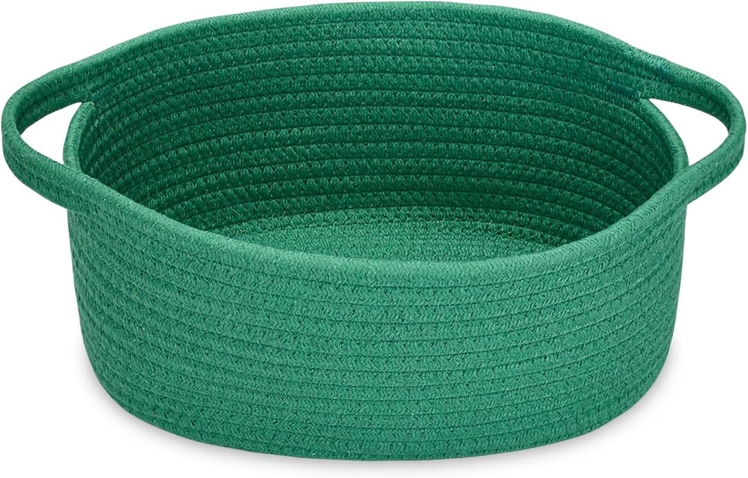 ABenkle Small Basket with Handles - Decorative Durable Rope Woven Storage Bin Shelf Storage Organizer Cube, Easter Baby Gift Basket, 12"x8"x5" (All Deep Green)