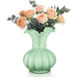 Joeyan Handmade Green Glass Flower Vase,7.9" Vintage Decorative Urn Vase for Centrepieces Bouquet Wedding,Colored Thickened Pedestal Vase Decorations for Rustic Home Living Room Office Farmhouse