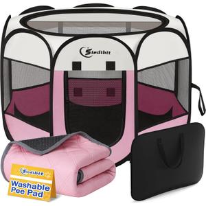 Pink Puppy Playpen for Middle Dog Cat, DogsTent Crates Cage Indoor/Outdoor, Portable Pop Up Dog Kennel with Carrying Bag for Rabbits, Removable Top (Pink, Small (29" x 29" x 17") with pad)
