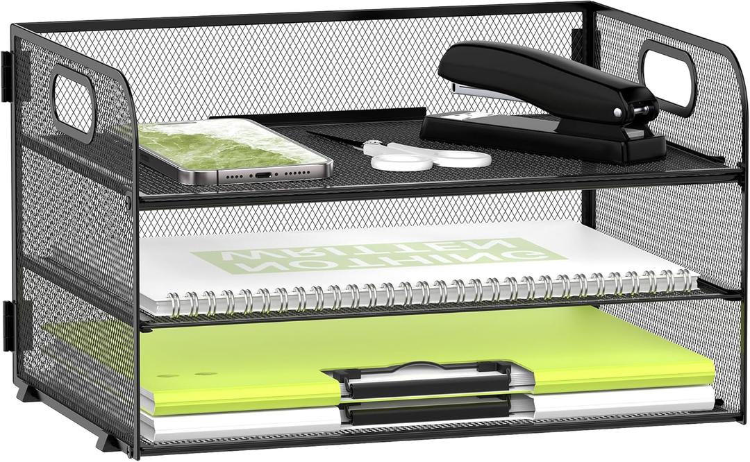 DALTACK 3 Tier Paper Organizer with Handle, Mesh Metal Desk Organizer with Sliding Paper Trays for Letter/A4 Paper, Mail, Bills & Folders, Black