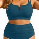 Yonique Women Plus Size High Waisted Bikini - Ribbed Two Piece Swimsuit Tummy Control Bathing Suit V-Wired 2026 Swimwear (Teal)