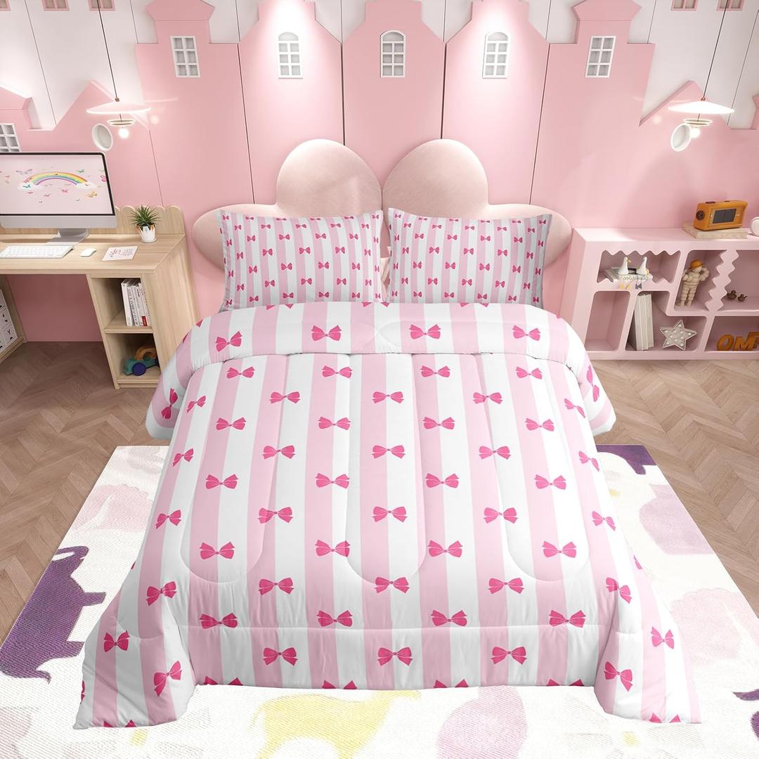 Feelyou Kids Girls Pink Bow Comforter Set,White and Pink Stripe Bow Bedding Set King Size,Cute Bowknot Comforter,Kawaii Soft Bed Set