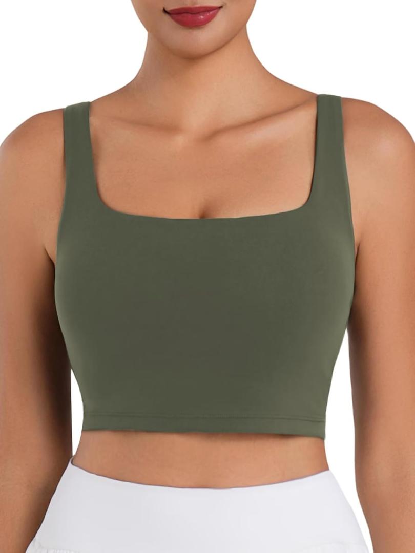 Sunzfly Women Square Neck Sport Bra with Removable Pads, Built-in Bra Crop Tank Top Summer Sleeveless Camisole Workout Yoga (Medium, Forest Night)