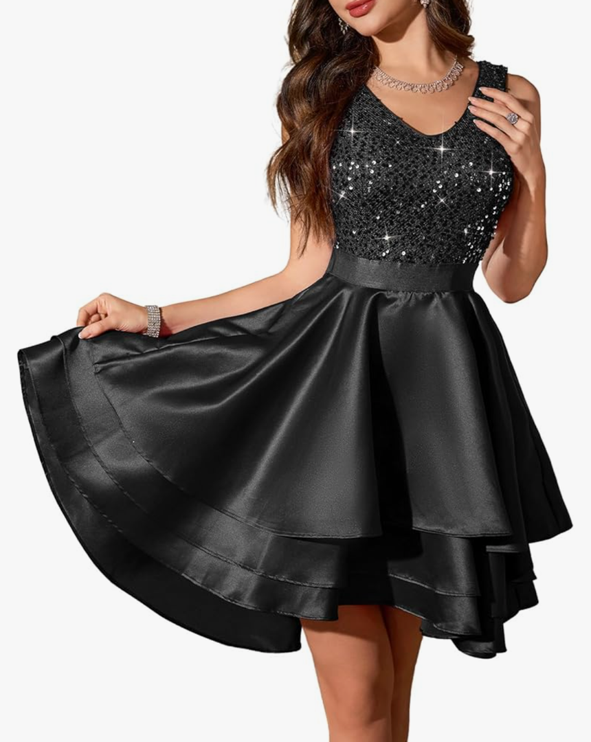 Meetjen Women's Sequin Prom Dresses Cocktail Party Sparkly Short V Neck A-line High Low Satin Formal Dress for Wedding, Size M.