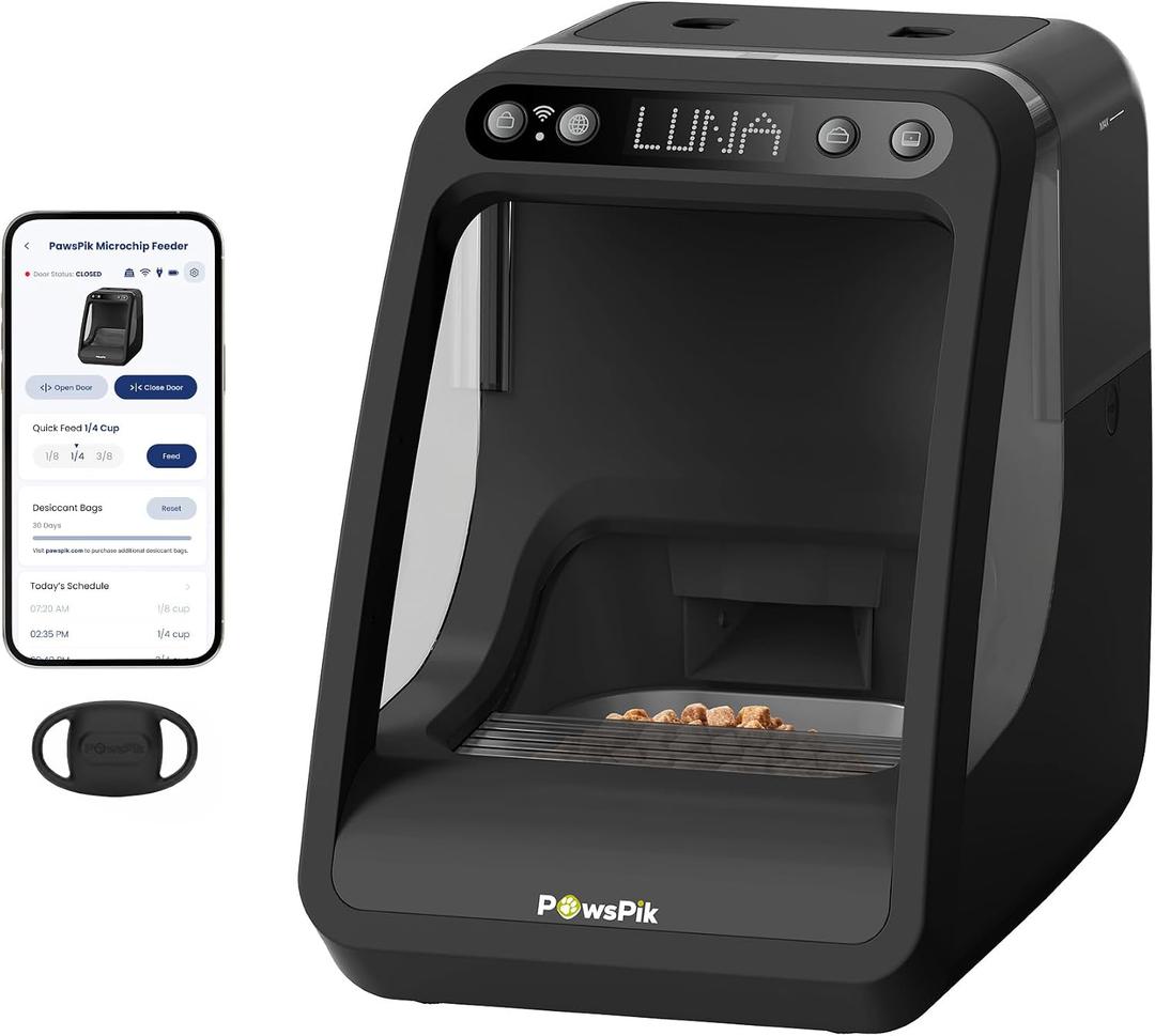 PawsPik Automatic Microchip RFID Cat Feeder, 16-Cup, Black | ISO Microchip & PawsPik RFID Tag Compatible, App Control, Portion Control, Personalize Feeding