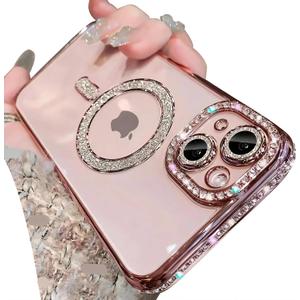 Magnetic Glitter Diamond for iPhone 12 Case[Compatible with MagSafe] Sparkle Rhinestone Camera Lens Protector Plated,Crtstal Clear Slim Military Drop Shockproof Cover for Women,Pink