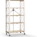 Hershii 5 Tier Foldable Storage Shelves with Wheels - Metal Collapsible Shelving Unit Display, Heavy Duty No Assembly Organizer Shelf for Garage, Kitchen, Basement, Pantry Light Brown