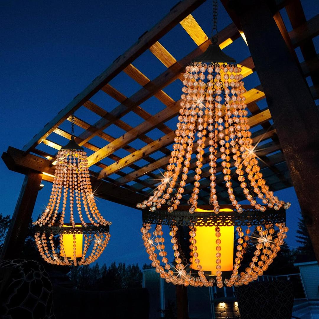 Hanging Candle Lantern Outdoor, 27 Battery Operated Modern Clear Acrylic Crystal Chandeliers with Flickering Yellow Led Candle Light S Hooks for Garden, Backyard, Gazebo, Room Indoor Indoor Decor
