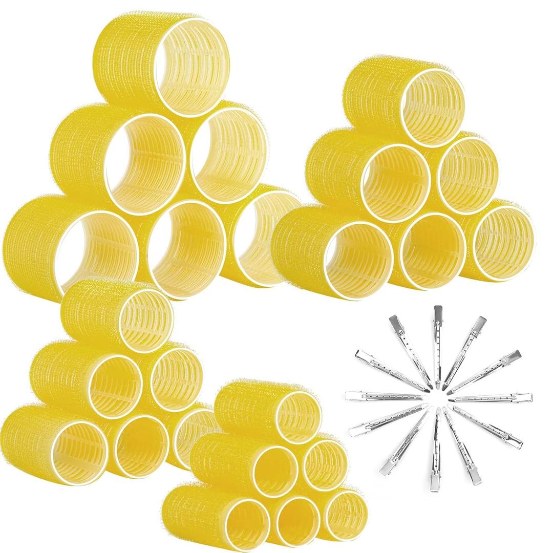 Self Grip Hair Rollers Curlers Set 36Pcs, Hair Roller Sets 4 Sizes (Jumbo, Large, Medium, Small) with Clips for Long Medium Short Thick Fine Thin Hair Volume (Bright Yellow)