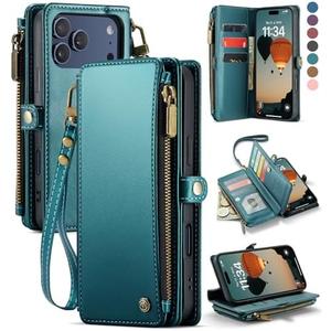 Defencase Compatible with iPhone 17 Pro Case Wallet with RFID Blocking Card Holder for Women and Men, PU Leather Magnetic Snap Flip Zipper Strap Wallet Phone Case for iPhone 17 Pro 6.3", Blue Green