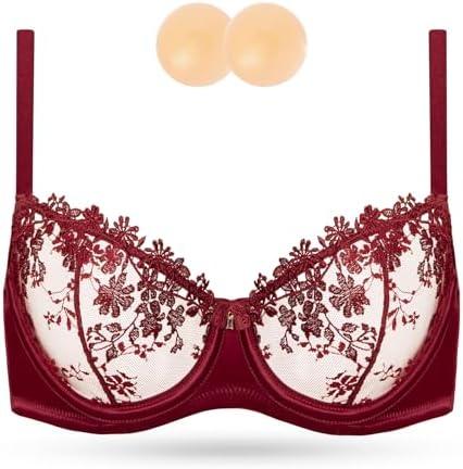 Wingslove Women's Sexy Lace Bra Demi Sheer Mesh Balconette See Through Bralette Unlined Underwire Embroidered 34DD