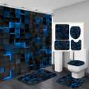 LQCOOL 4Pcs Black Blue Shower Curtain Set 3D Cubes Bathroom Sets Modern Shower Curtain Set for Bathroom Sets with Rugs Black and Blue Shower Curtain with 12 Hooks
