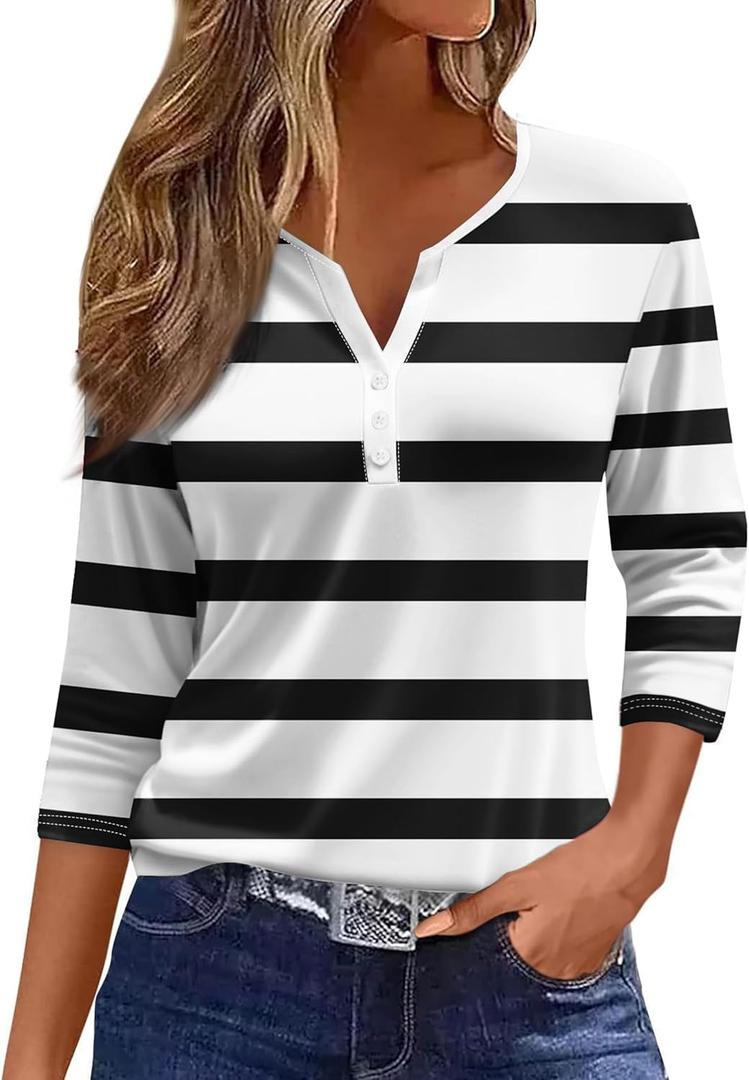 LilyCoco Striped Shirt Women Casual Button V Neck 3/4 Sleeve Tops (Medium)