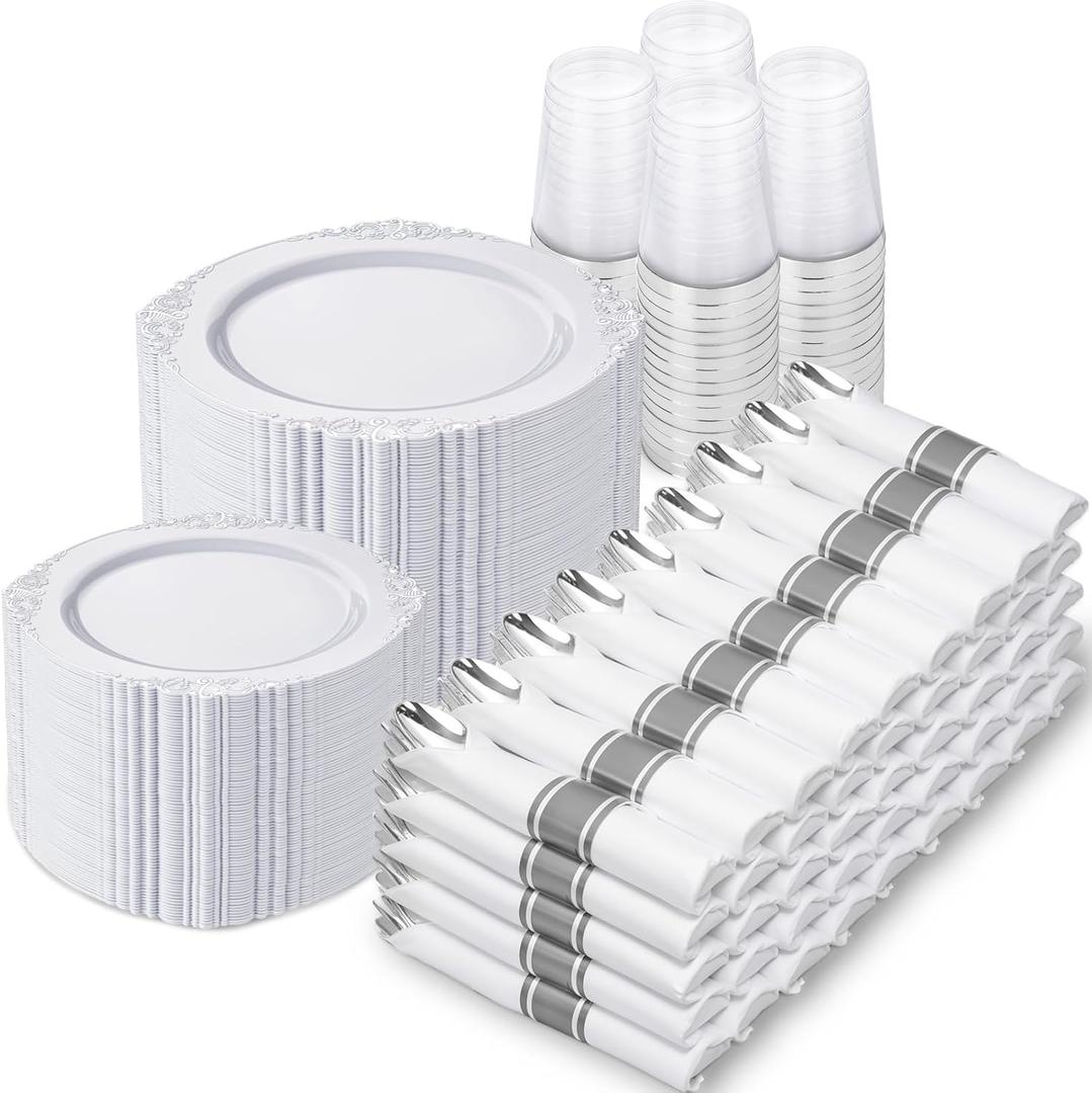 Nervure 700PCS Silver Plastic Plates - Silver Plastic Dinnerware Sets for 100 Guests - 200 Disposable Plates, 300 Silverware, 100 Cups, 100 Napkins for Wedding & Party (White and Silver)