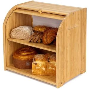 FoverOne Bamboo Bread Box for Kitchen Countertop, Roll-top Breadbox Breads Storage Boxe with Adjustable Middle Shelf