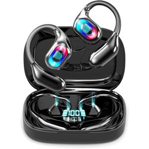 Open Earbuds True Wireless Open Ear Headphones with Safety Lights, Bluetooth 5.4 Over Ear Earbuds with Earhook, 50 H Playtime Ear Buds, Waterproof Open Earphones Fit Sport, Running Black