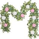 Waipfaru 2Pack 6.07FT Artificial Eucalyptus Garland with Flowers, Fake Rose Gypsophila Floral Garland, Floral Vines for Wedding Table Backdrop Party Centerpiece Room Decor (Pink)