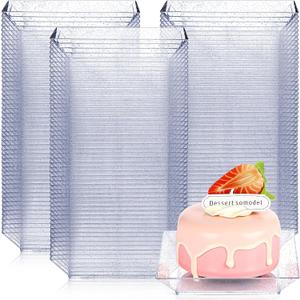Zhehao 100 Pcs Plastic Dessert Appetizer Plates Disposable, 3.6 x 3.6 Inch Small Square Plastic Dessert Cake Snack Plate for Wedding Birthday Bridal Baby Shower All Occasion Party (Silver Clear)