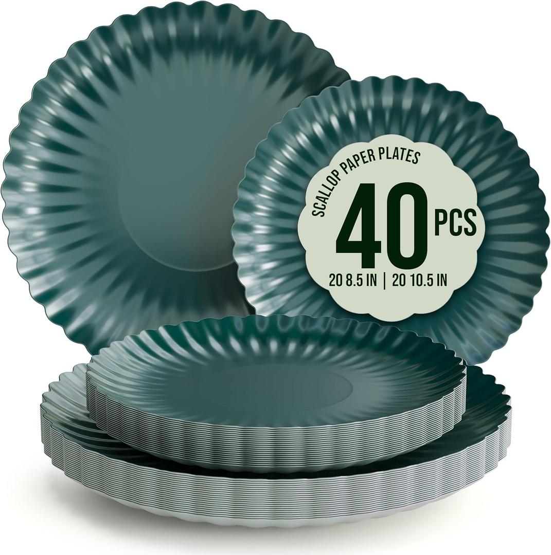 Trendables Scalloped Paper Plates 8.5 Inch & 10.5 Inch 40 Pcs Dinner Plate Set Fancy Disposable Plates for Party for 20 Guests 20 X 8 & 20 X 10 Large & Small Paper Plate Set for Parties Black Aqua
