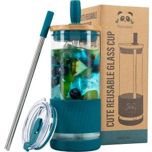 Pandaloo® Glass Cups With Lids and Straws -20 Fl Oz- Perfect Size Iced Coffee Cup - Smoothie Cup With Bamboo Lid and On the go Lid (Intense Teal, 1 Count (Pack of 1)