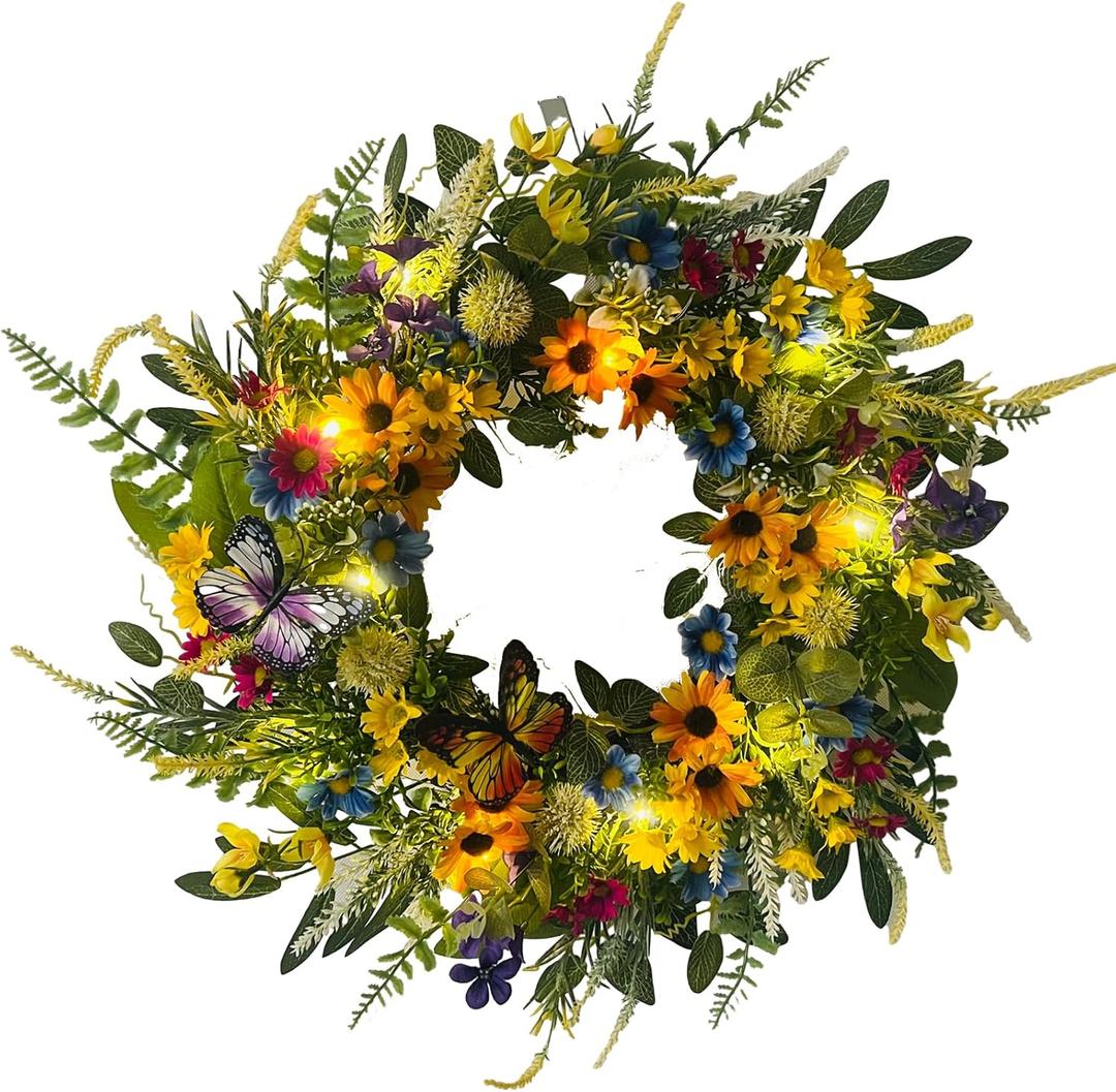 22 Inch Spring Summer Wreath for Front Door,Sunflower and Daisy with Eucalyptus Leaves,Mixed Flower,Fairy Lights,Artificial Wreath for Front Door Spring Outdoor Home Decor Easter Decor