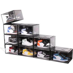 KDOR Shoe Boxes Clear Plastic Stackable 10 Pack Sneaker Storage Boxes with Magnetic Door, Acrylic Display Case, Strong and Sturdy Fit Shoe Size Up to US 15
