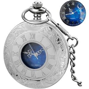 Tiong Pocket Watch Hollow Blue Star Design Roman Numerals Quartz with Chain Christmas Birthday Gifts
