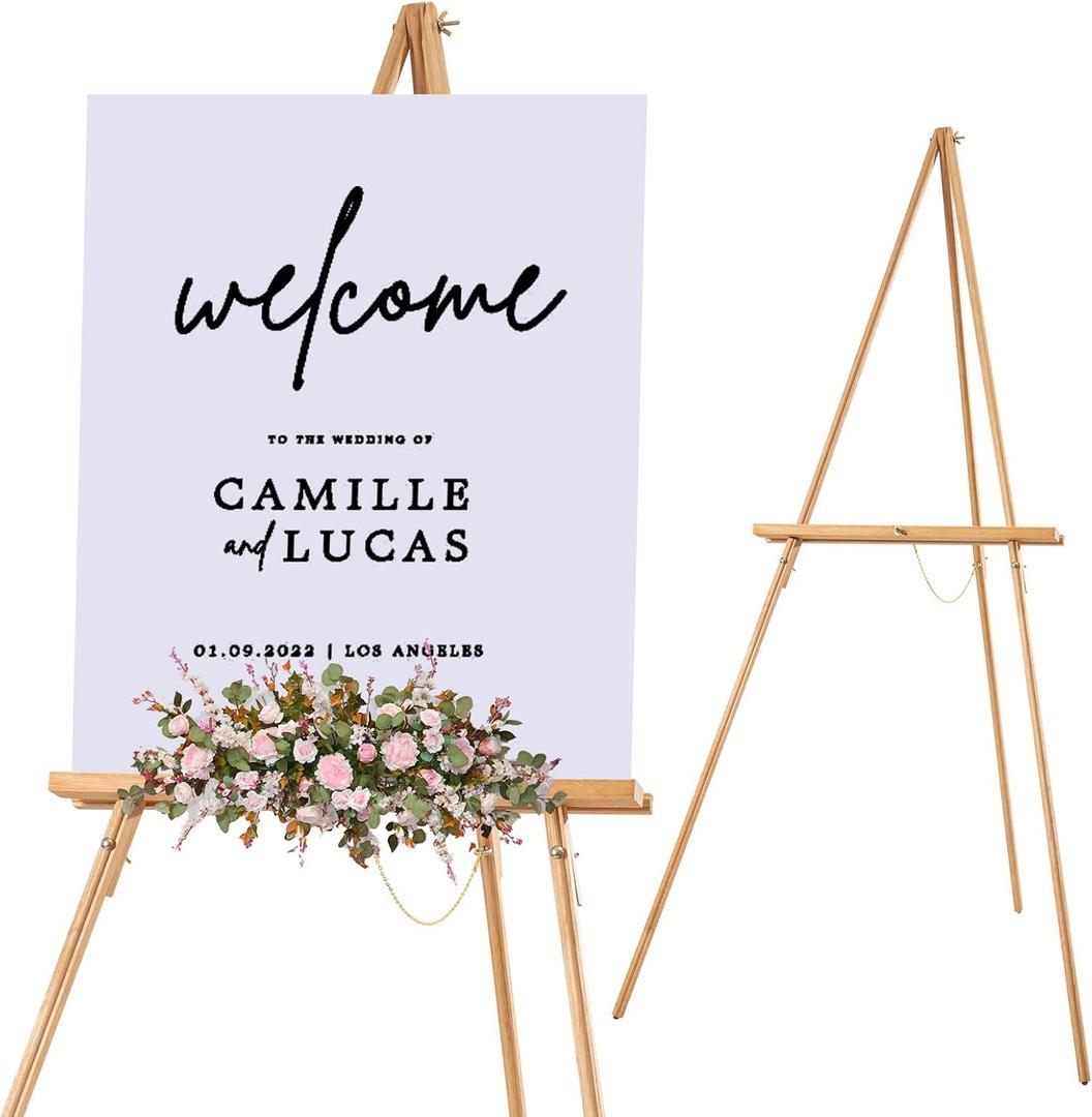 Falling in Art 65" A-Frame Tripod Easel Stand, Wooden Display Easel with Adjustable Canvas Holder, Floor Easel for Wedding Signs, Posters, Paintings, Artwork(Natural)